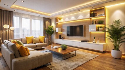 Fototapeta premium Warm And Inviting Living Room With A Large Comfortable Sofa, Coffee Table, Television And Stylish Shelving Unit.