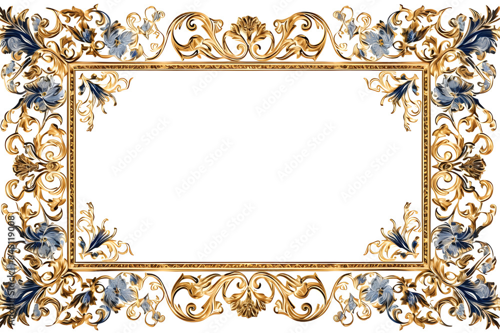 Wall mural vintage frame with floral ornament, rectangular elegant floral gold frame, copy space for text