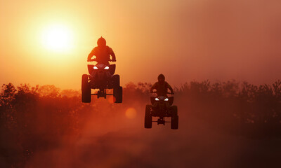 Silhouette ATV or quad bikes jump in track of cross country  racing championship.