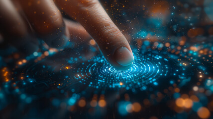 Businessman and fingerprint scanning unlock and access to business data network