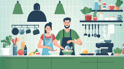 A happy couple cooks dinner together in the kitchen, using a laptop to find a recipe. They prepare and enjoy a vegetable meal, sharing love and togetherness.