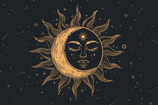 Boho sun logo. Outline bohemian moon with rays. Minimal magic abstract outline illustration. Yoga and astrology symbol.


