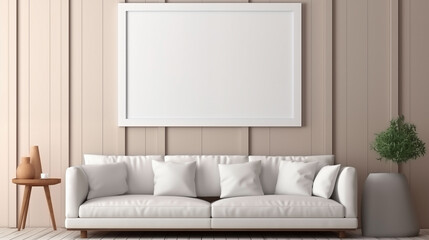 Cozy Living Room with White Sofa and Blank Frame
