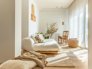 Minimalist interior design composition with minimal furniture and copyspace for text. Home decor concept image.