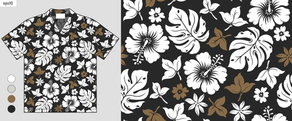 summer fashion, tropical hibiscus flower with seamless pattern, artwork on hawaiian shirt fashion mockup, elegance flora abstract. 