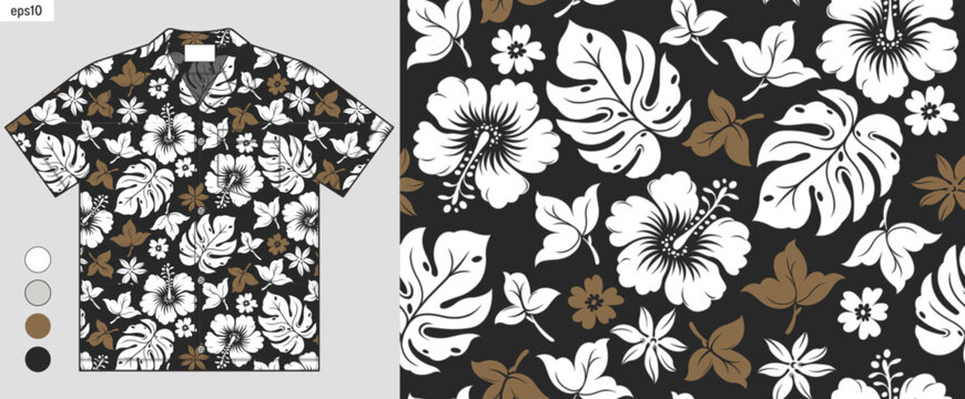 Fototapeta summer fashion, tropical hibiscus flower with seamless pattern, artwork on hawaiian shirt fashion mockup, elegance flora abstract. 