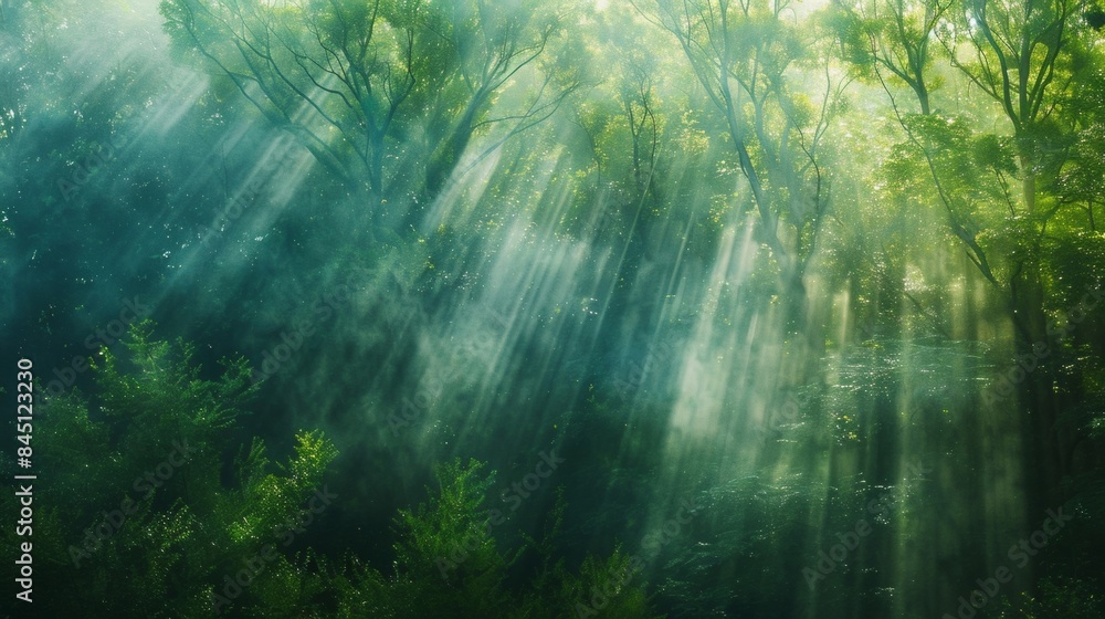 Poster soft rays of sunlight peek through the canopy of emerald and sapphire trees casting a hazy glow acro