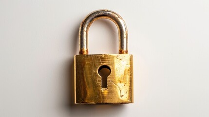 Gold padlock on white background top view