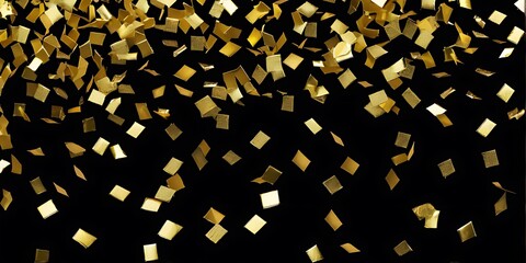 raining gold confetti isolated on black, party background concept with copy space for award ceremony