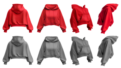 2 Set of red maroon grey gray woman cropped hoodie hoody oversized Drop Shoulder sweatshirt jumper sweater long sleeve, front back side on transparent cutout PNG. Mockup template for artwork
