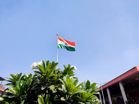 Indian flag waving outside New Delhi Railway Station