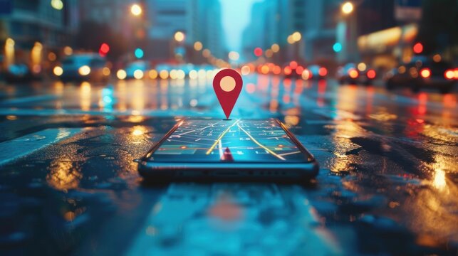 Amazing image of gps navigator icon on smartphone and map on blurred traffic road abstract background. AI generated images