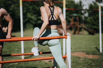 Young woman climbing a fitness bar in an urban park. Engaged in strenuous exercise while outdoors,...