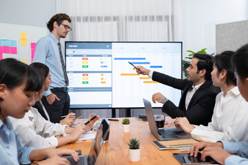 Project manager planning schedules for business task at meeting room, Gantt chart software show on...