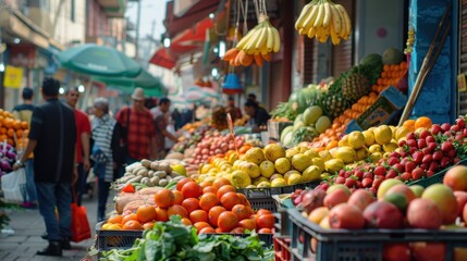 Crowded street market with fresh fruits and vegetables, vendors and shoppers interacting, vibrant atmosphere, copy space for text.
