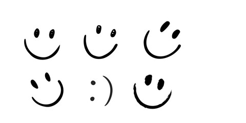 Happy doodle smiley collection isolated on white background. Simple faces. Cute icon set. Vector Illustration.	