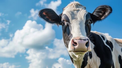 Friendly black and white cow with a pink nose against a blue sky