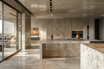 Contemporary Dubai penthouse with minimalist design featuring textured stone accents, emphasizing simplicity and tranquility. Ultra-realistic details inspire clutter-free living through thoughtful des