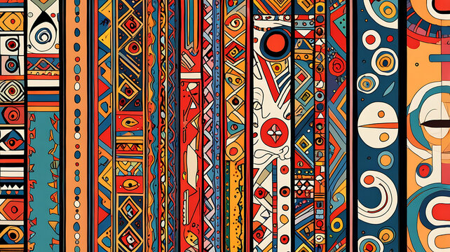 an abstract art template that blends elements from different ethnic cultures, incorporating traditional patterns, symbols, and motifs in a contemporary abstract style