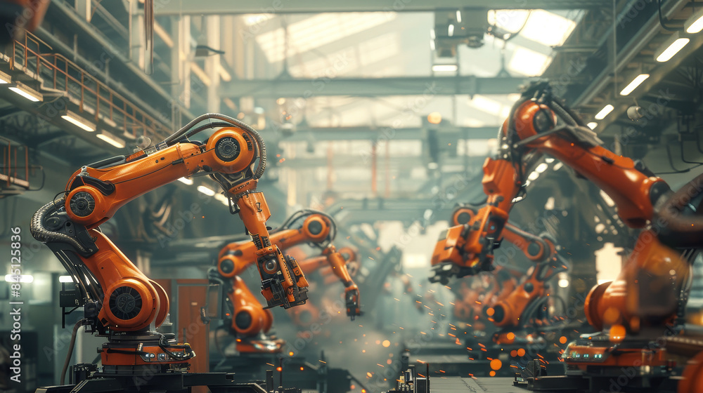 Poster a factory with many robots in orange