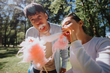 A playful scene captures two friends as they enjoy pink cotton candy in a sunlit park, sharing...