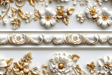 Seamless 3d Vintage Elegant White and Silver Color Metal Floral Plumeria and Frangipani Flowers Antique Decoration Gold Frame With Ornament Design
