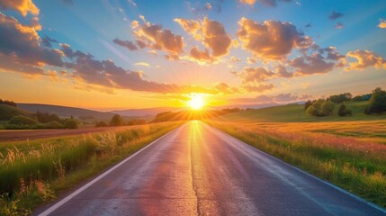 Naklejka premium Sunset landscape with asphalt road and stunning sky