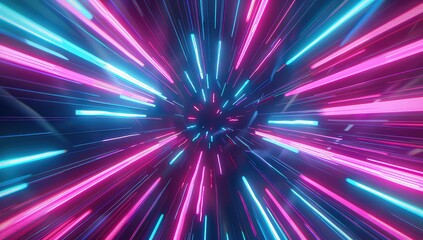3d Render, Blue purple light line through dark background, hyper speed warp in space.