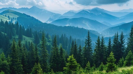 Landscape of mountains with pine forest during overcast weather