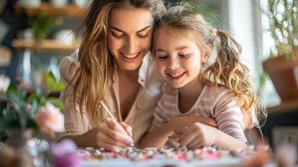 Fototapeta premium Mother and daughter doing a craft project together, creative and joyful activity, nurturing parenting, copy space for text.