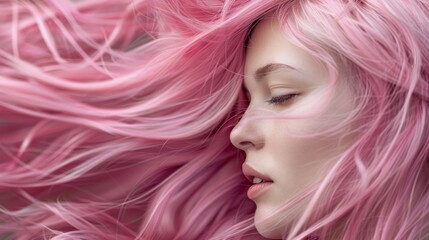 Close-up of a girl's face with unusual pink hair color. The concept of improving the appearance of hair, revealing femininity and attractiveness, developing the hairdressing business.