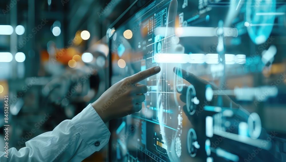 Poster man hand touching global internet connection. financial and digital link tech big data. ai generated