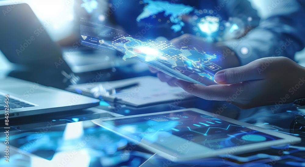 Aufkleber man hand touching global internet connection. financial and digital link tech big data. ai generated