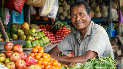 A man is smiling in front of a fruit and vegetable stand