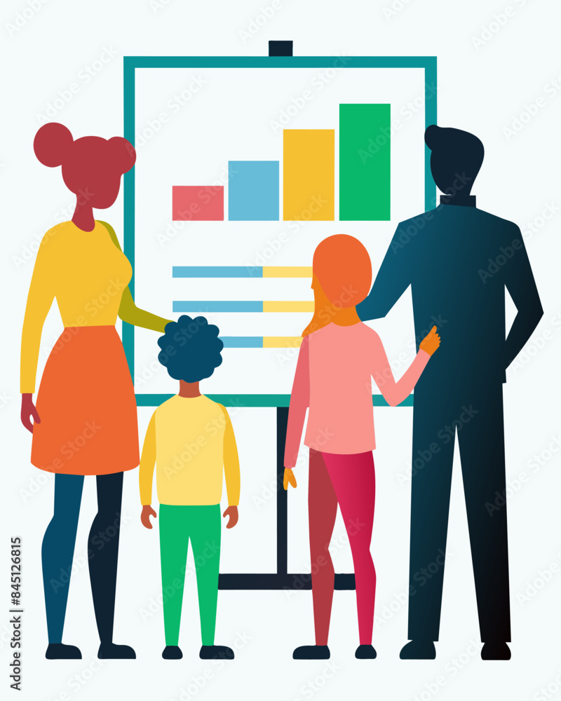 Poster four figures in silhouette stand in front of a whiteboard using colorful markers to map out their mo