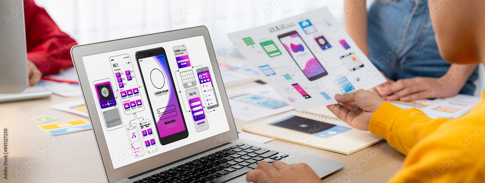 Poster panorama banner of startup ux developer or company employee design user interface or ui prototype fo