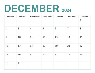 DECEMBER Calendar year 2024 with monday start