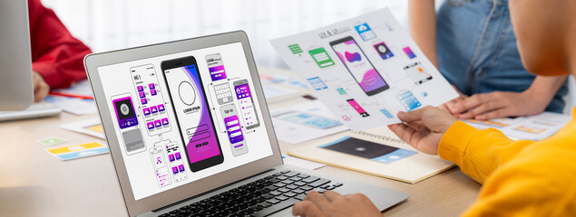 Panorama banner of startup UX developer or company employee design user interface or UI prototype...