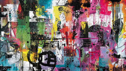 A colorful painting with splatters of paint and a black