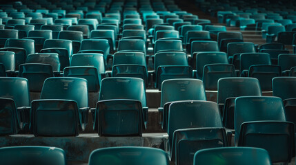 Fototapeta premium A row of blue chairs are empty in a stadium