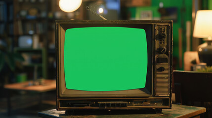 A green screen television is on a table in a room