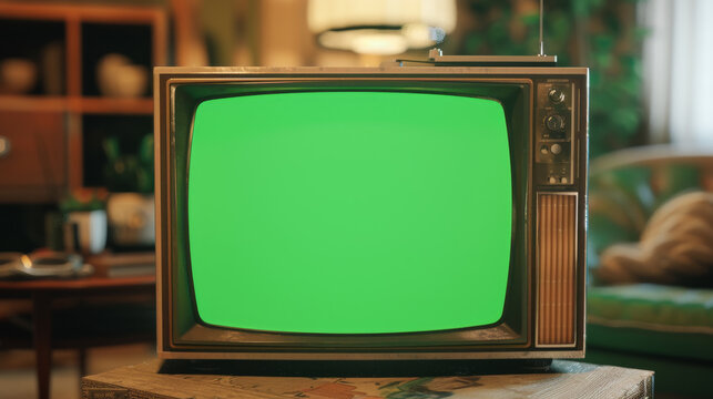 A green screen television is sitting on a table in a living room