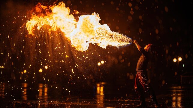 Fire juggler performing a thrilling act at night, dramatic and exciting street performance, copy space for text.