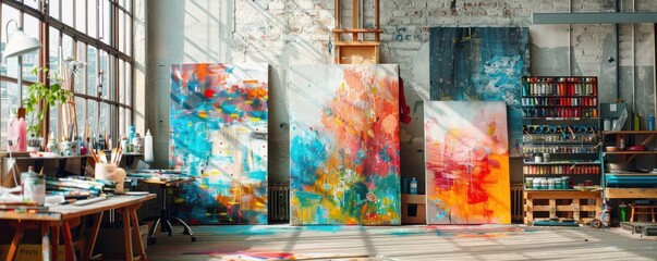 Artist studio with canvases and paint supplies, vibrant and creative environment, copy space for text.
