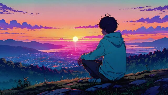 Cute Lofi boy moody Urban day, rain clouds city view light, 2D Japanese Lo-fi Purple fantasy Anime style 4K Seamless loop hip-hop chill vibes Relaxing music lofi bites vaporwave animation Video