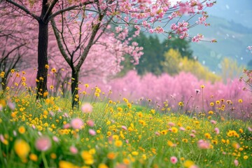 Fototapeta premium A beautiful field of flowers with a tree in the background
