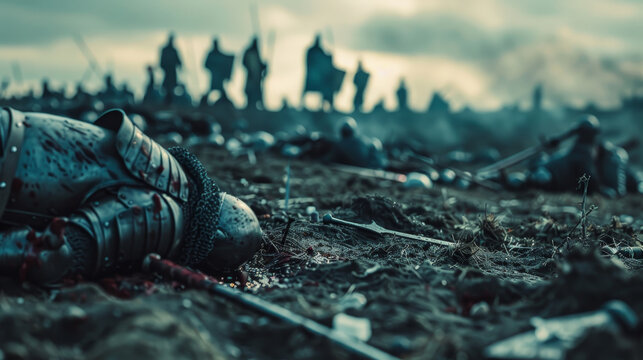 A group of people are fighting in a field with a knight lying on the ground