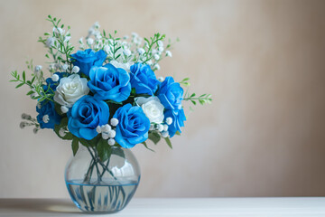 Naklejka premium Home decoration in the form of a vase with artificial flowers. Bouquet of blue roses and a branch of white flowers look aesthetically pleasing on a neutral background