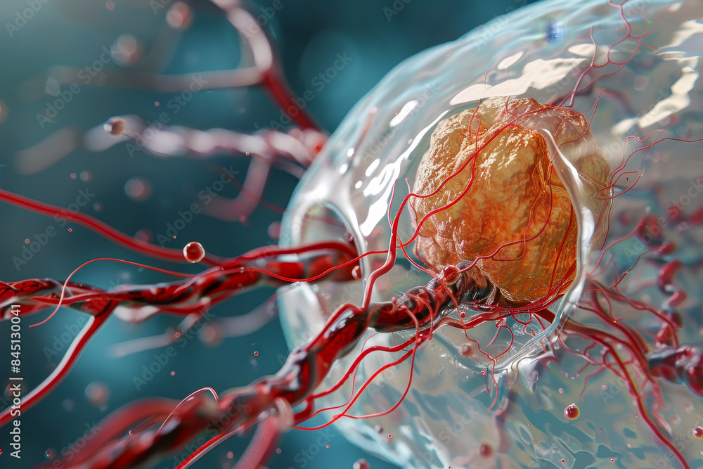 Poster a red and white blob with red veins and a yellow object in the middle