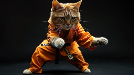 Cat in martial arts uniform, black background, fierce pose